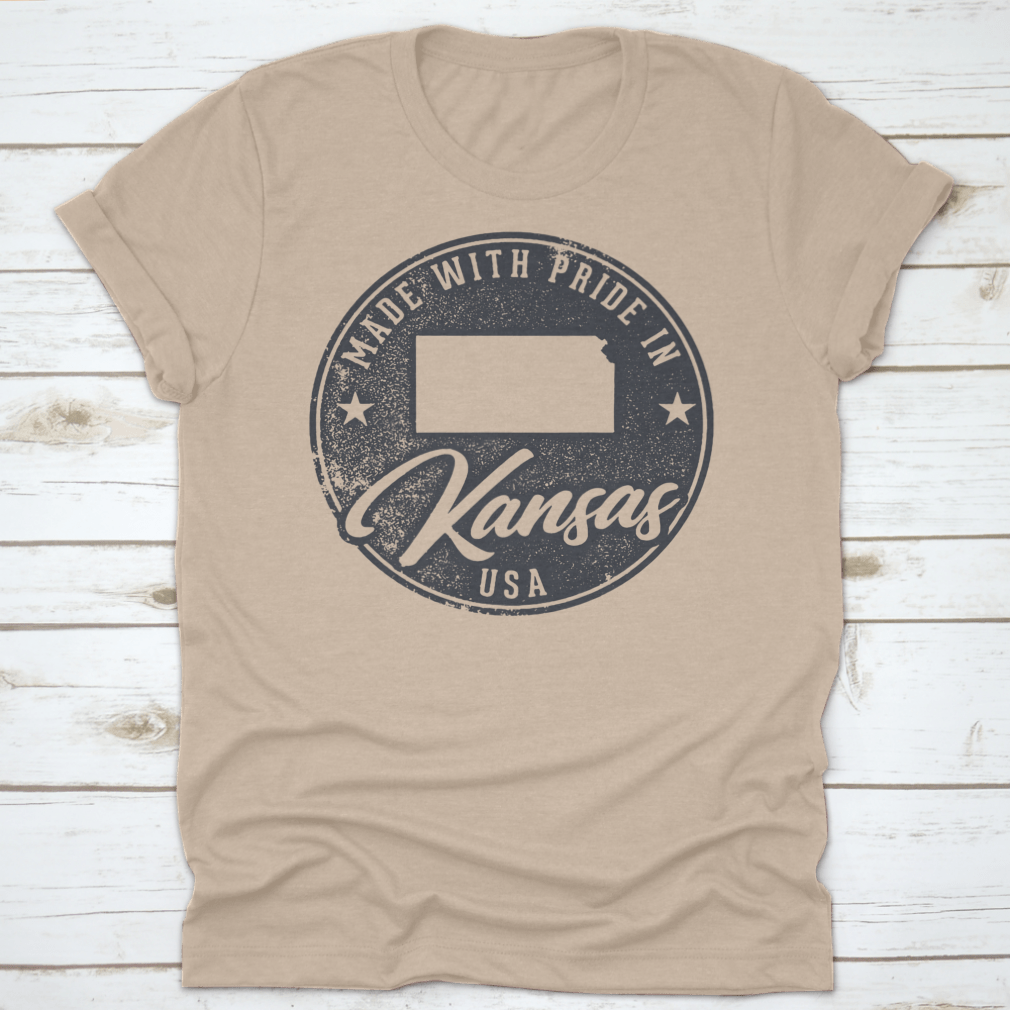 A comfortable t-shirt made from 100% cotton, featuring a Kansas state map packaging label, showcasing its quality and classic fit.